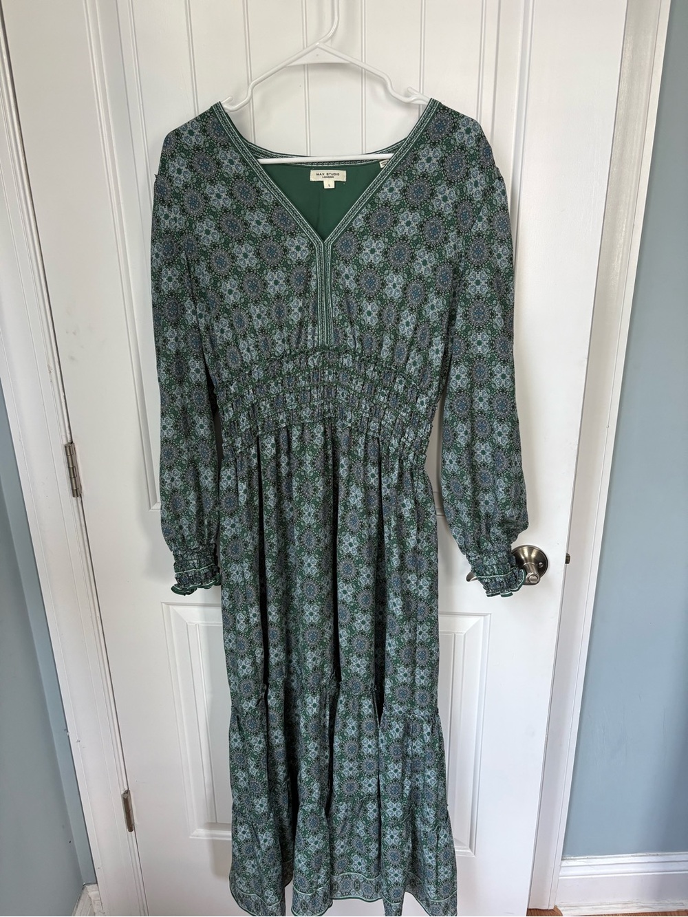 Max Studio Green Floral-Print Smocked Maxi Dress